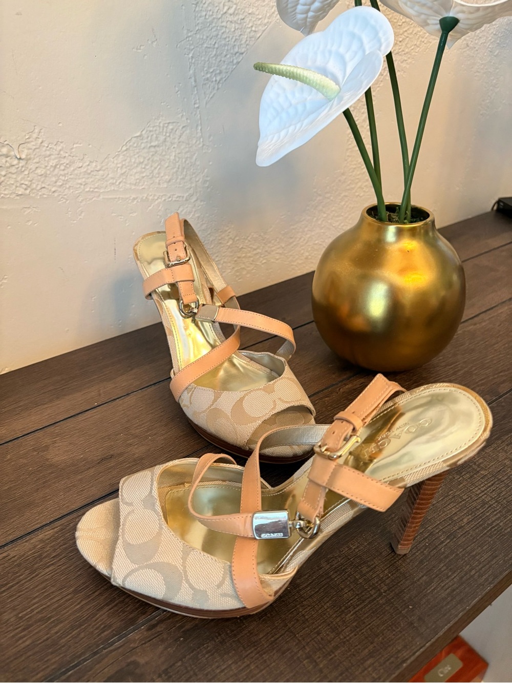 Coach Tan & Beige Signature Canvas High Heel Sandals